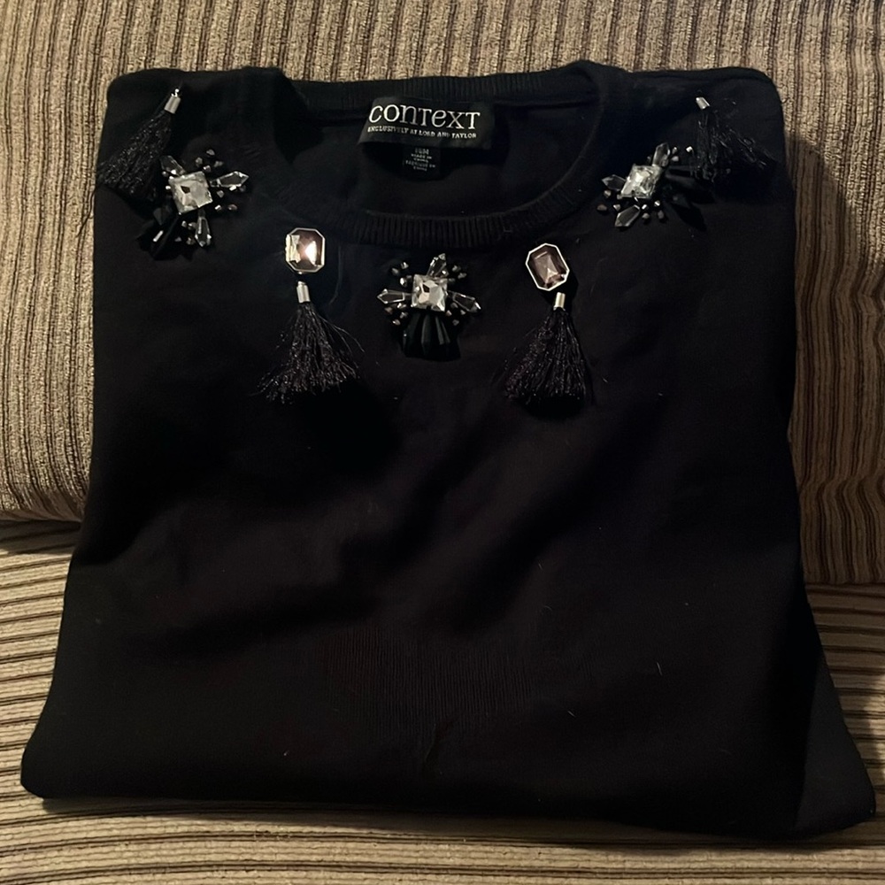 Context black long sleeve sweater w/ beading